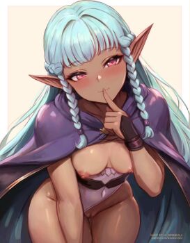 1girl blue_hair braid breasts dark-skinned_female dark_elf dark_skin elf highres leaning_forward leonmandala nipples pointy_ears purple_eyes pussy rosalinde_(unicorn_overlord) small_breasts thighs unicorn_overlord wide_hips