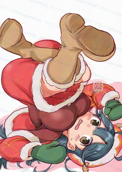 1girl ahoge artist_logo black_hair boots breasts brown_boots brown_eyes commentary_request dated dress fur-trimmed_boots fur-trimmed_jacket fur_trim hat highres jacket kantai_collection kutone_shirika large_breasts logo long_hair red_dress red_hat red_jacket solo upside-down ushio_(christmas)_(kancolle) ushio_(kancolle)