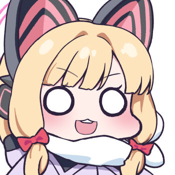 1girl :d absurdres animal_ear_headphones animal_ears blonde_hair blue_archive blush bow cat_ear_headphones cat_ears commentary fake_animal_ears hair_bow halo headphones highres hood hood_down hooded_jacket jacket looking_at_viewer low-tied_sidelocks momoi_(blue_archive) momoi_(winter)_(blue_archive) o_o official_alternate_costume open_mouth panatisia parted_bangs pink_halo portrait purple_jacket red_bow scarf sidelocks simple_background smile solo symbol-only_commentary teeth upper_teeth_only white_background white_scarf winter_clothes