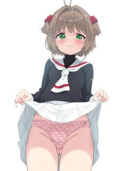 1girl absurdres antenna_hair black_shirt blush brown_hair cameltoe cardcaptor_sakura clothes_lift commission cowboy_shot crotch_seam embarrassed from_below green_eyes grimace hair_bobbles hair_intakes hair_ornament highres kinomoto_sakura lifting_own_clothes loli long_sleeves looking_at_viewer looking_down manbo2024 neckerchief panties parted_lips pink_panties pleated_skirt polka_dot polka_dot_panties presenting_own_body raised_inner_eyebrows sailor_collar school_uniform serafuku shirt simple_background skeb_commission skirt skirt_lift solo standing tearing_up turtleneck turtleneck_shirt two_side_up undershirt underwear white_background white_neckerchief white_sailor_collar white_skirt
