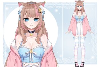 1girl :3 animal_ear_fluff animal_ears ankle_belt bare_shoulders bell belt black_belt black_choker black_shoes blue_background blue_bow blue_eyes blue_hairband blue_ribbon blue_sports_bra blunt_bangs border bow bra breasts brooch brown_hair cat_ears character_request cherry_blossoms choker circle cleavage closed_mouth commentary english_commentary eyelashes fingerless_gloves flower footwear_flower frilled_bra frills full_body gloves gradient_thighhighs hair_bow hair_ornament hairband hairclip indie_virtual_youtuber jacket jewelry lace large_breasts light_blush light_particles lips long_sleeves looking_at_viewer mary_janes miniskirt multicolored_hair neck_bell open_clothes open_jacket outside_border pink_flower pink_hair pink_lips pleated_skirt puffy_long_sleeves puffy_sleeves reference_sheet ribbon ribbon-trimmed_thighhighs ribbon_legwear ribbon_trim shoes skirt sleeve_bow smile sports_bra standing star_(symbol) star_brooch star_hair_ornament star_print streaked_hair striped_clothes striped_thighhighs thighhighs tsurime umikachi underwear virtual_youtuber white_border white_bow white_ribbon white_skirt white_thighhighs