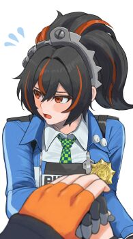 Rule 34 | 2girls, averting eyes, belle (zenless zone zero), black gloves, black hair, blue jacket, blush, btddz, checkered necktie, flying sweatdrops, gloves, hairband, highres, holding hands, jacket, metal hairband, multicolored hair, multiple girls, necktie, open mouth, police, police uniform, policewoman, ponytail, pov, red eyes, red hair, simple background, streaked hair, white background, yuri, zenless zone zero, zhu yuan