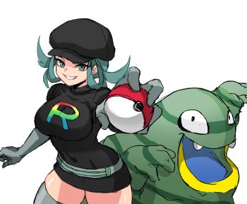 1girl absurdres alolan_form alolan_grimer alternate_breast_size alternate_color bad_id bad_pixiv_id belt black_shirt blouse breasts cleanerjay covered_navel curvy gen_7_pokemon gloves green_eyes green_hair grin hat highres holding holding_poke_ball large_breasts looking_at_viewer monster nintendo poke_ball pokemon pokemon_sm shiny_pokemon shiny_skin shirt simple_background slime smile solo team_rainbow_rocket team_rainbow_rocket_grunt thick_thighs thighhighs thighs turtleneck white_background