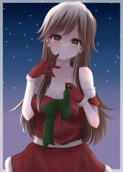 Rule 34 | 1girl, arashio (kancolle), bare shoulders, brown eyes, brown hair, dress, fur-trimmed dress, fur-trimmed gloves, fur trim, gloves, highres, kantai collection, long hair, looking at viewer, red dress, red gloves, ryouki (34388923), santa dress, sleeveless, sleeveless dress, solo, upper body
