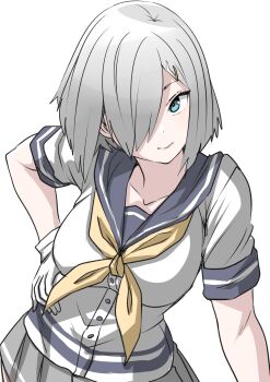 1girl 30-06 blue_eyes cowboy_shot grey_hair grey_sailor_collar grey_skirt hair_over_one_eye hamakaze_(kancolle) hand_on_own_hip highres kantai_collection leaning_forward looking_at_viewer neckerchief sailor_collar sailor_shirt school_uniform shirt short_hair simple_background skirt solo white_background white_shirt yellow_neckerchief