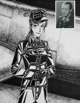 1boy 1girl black_gloves black_jacket blush bordfunker133 breasts cross genderswap genderswap_(mtf) gloves greyscale hat iron_cross jacket leather leather_jacket lipstick long_hair looking_at_viewer luftwaffe makeup martin_drewes monochrome nazi original pants peaked_cap photo_(medium) photo_inset real_life reichsadler small_breasts smile soldier solo war world_war_ii