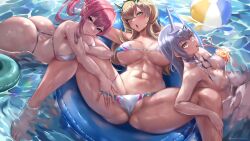 Rule 34 | 3girls, abs, absurdres, areola slip, ass, ball, baobhan sith (fate), bare arms, bare shoulders, barghest (fate), beachball, bikini, blonde hair, blush, breasts, closed mouth, commentary, drinking, english commentary, fate/grand order, fate (series), from above, green eyes, grey eyes, grey hair, highres, innertube, large breasts, long hair, melusine (fate), multiple girls, muscular, muscular female, open mouth, partially submerged, pointy ears, ponytail, queasy s, red hair, smile, swim ring, swimsuit, thighs, underboob, water, white bikini, yellow eyes