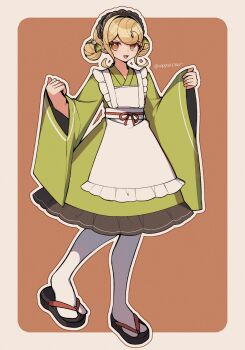 1girl :3 alternate_costume alternate_hairstyle apron black_headdress black_sandals blonde_hair border brown_background commentary_request danganronpa_(series) danganronpa_2:_goodbye_despair double_bun eyelashes full_body green_kimono hair_bun highres japanese_clothes kimono long_sleeves maid maid_apron maid_headdress mi_shengwu_3.2_hao open_mouth orange_eyes outline pantyhose saionji_hiyoko sandals simple_background smile solo twitter_username white_apron white_border white_outline white_pantyhose