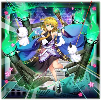 1girl bandaged_arm bandages black_leotard black_shoes black_skirt blonde_hair blue_robe caution_tape fire full_body game_cg green_eyes green_fire highres holding holding_torch keep_out leotard looking_at_viewer mary_janes mizuhashi_parsee official_art open_clothes open_robe robe rotte_(1109) shoes skirt socks solo teruterubouzu third-party_source torch touhou touhou_lostword translation_request transparent_background white_socks