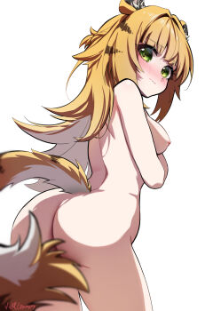 1girl animal_ear_fluff animal_ears ass bare_shoulders blonde_hair blush breasts closed_mouth colored_inner_hair completely_nude embarrassed female_focus from_behind green_eyes highres ju_fufu loli long_hair looking_at_viewer looking_back multicolored_hair nipples nude simple_background small_breasts solo standing star_(symbol) star_in_eye symbol_in_eye tail tail_censor thighs tiger_ears tiger_girl tiger_tail very_long_hair vic4games white_background zenless_zone_zero