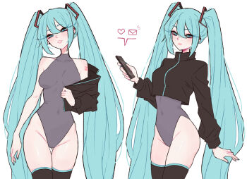 1girl aqua_eyes aqua_hair aqua_nails ass bare_shoulders black_jacket black_thighhighs breasts collarbone covered_navel cowboy_shot cropped_jacket crotch dijor98 ear_piercing emoji eyeliner gluteal_fold grey_leotard hatsune_miku highres jacket leotard long_hair looking_at_viewer makeup medium_breasts multiple_piercings multiple_views piercing pink_lips removing_jacket shoulder_tattoo sidelocks simple_background skindentation smile solo_focus speech_bubble tattoo thigh_gap thighhighs twintails undressing upper_body vocaloid white_background