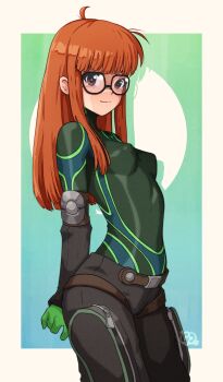 1girl absurdres ahoge arms_behind_back black-framed_eyewear black_bodysuit bodysuit border breasts brown_eyes brown_hair closed_mouth cowboy_shot elbow_pads glasses gloves gravydood green_bodysuit green_gloves highres long_hair looking_at_viewer persona persona_5 sakura_futaba skin_tight small_breasts smile solo white_border zipper_pull_tab