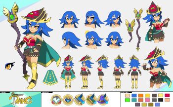 Rule 34 | 1girl, ^^^, absurdres, angry, armband, armor, armored boots, bandaged arm, bandages, belt, blue eyeshadow, blue hair, blush, boots, breasts, brown skirt, cape, character logo, character name, chocolate, color guide, commentary, commission, cornflowerblue, dang (runescape), duellist's cap (tier 6), earrings, english commentary, eyeshadow, fingerless gloves, food, food in mouth, from behind, from side, full body, gladiator, gloves, glowing hat, gold trim, greaves, green belt, green cape, hand on own hip, hat, highres, holding, holding food, holding ice cream, holding staff, ice cream, ice cream bar, jewelry, leotard, light blush, logo, long hair, looking at viewer, looking to the side, mage staff, makeup, medium breasts, multiple views, old school runescape, open mouth, orange eyes, original, overhead prayer (runescape), pink lips, poleyn, red armband, red leotard, reference sheet, runescape, second-party source, shiny lips, skirt, smile, smug, spiked hair, staff, staff of armadyl (runescape), standing, sun symbol, surprised, sweatdrop, thick eyebrows, weapon, worried, yellow eyes