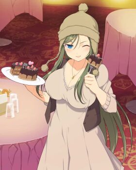 1girl beanie blue_eyes breasts brown_dress brown_vest cake carpet chocolate_cake cleavage cup dining_room dress earflap_beanie english_text food fork fuga_(senran_kagura) green_hair happy_valentine hat holding holding_fork holding_plate jewelry large_breasts long_sleeves looking_at_viewer mole mole_under_eye necklace official_alternate_costume official_art one_eye_closed open_mouth plate pom_pom_(clothes) pom_pom_beanie senran_kagura senran_kagura_new_wave smile solo swept_bangs table tablecloth vest