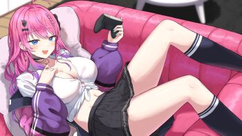 1girl absurdres ahoge black_skirt black_socks blue_eyes blush bow braid breasts cleavage collared_shirt commentary_request commission controller couch earrings game_controller gyaru hair_ornament highres holding holding_controller holding_game_controller jacket jewelry kogal kuramochi_meruto kuramochi_meruto_(school_uniform) large_breasts long_hair long_sleeves looking_at_viewer lying multicolored_hair navel nijisanji on_back on_couch open_mouth pink_hair purple_hair purple_jacket school_uniform shirt skeb_commission skirt socks solo virtual_youtuber white_shirt yamato_(muchuu_paradigm)