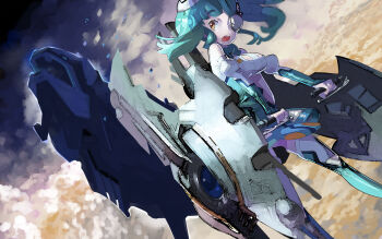 12_(xaenedju) 1girl blunt_bangs darius_(series) detached_sleeves eyepatch female_focus green_hair highres iron_fossil king_fossil konami necktie non-humanoid_robot orange_eyes otomedius pelvic_curtain revealing_clothes robot robot_animal robot_fish see-through_clothes see-through_skirt skirt solo teeth thighhighs tita_nium twintails upper_teeth_only