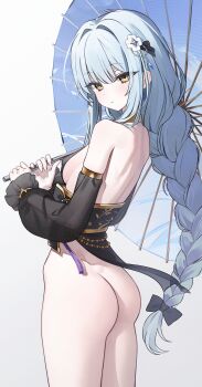 1girl absurdres artist_request ass back bare_shoulders biryu_soso bow braid breasts closed_mouth commentary_request commission cowboy_shot detached_sleeves from_side gold_trim hair_bow hair_ornament highres holding holding_umbrella korean_commentary long_hair long_sleeves looking_at_viewer looking_to_the_side median_furrow no_panties oil-paper_umbrella original pelvic_curtain second-party_source see-through_clothes see-through_sleeves sideboob single_braid small_breasts solo thighs umbrella very_long_hair white_hair yellow_eyes