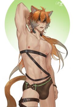 1boy abs animal_ears arknights arm_behind_back arm_up armpits black_male_underwear bulge cat_boy cat_ears cat_tail chinese_commentary commentary_request fangs highres kristinacl15115 looking_at_viewer male_focus male_underwear navel nipples open_mouth pectorals slit_pupils tail toned toned_male topless_male underwear windscoot_(arknights)