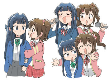 2girls arm_hug black_hair blue_cardigan blue_eyes blush brown_eyes brown_hair cardigan closed_eyes eye_contact hair_ornament hairclip holding holding_microphone idolmaster idolmaster_million_live! kasuga_mirai long_hair long_sleeves looking_at_another microphone mogami_shizuka multiple_girls multiple_views music open_mouth pink_cardigan red_skirt short_hair simple_background singing skirt smile tsubobot white_background