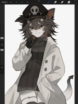 1girl art_program_in_frame brown_dress cat_girl closed_mouth coat colored_sclera cowboy_shot demon_tail dress ear_piercing furry furry_female green_sclera hat highres looking_at_viewer original piercing procreate_(medium) procreate_(software) rwacid smile solo tail white_coat