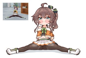 ahoge black_bow black_pantyhose black_shirt blue_eyes blush_stickers bow brown_hair commentary_request hair_between_eyes hair_bow happy highres hololive jacket kukie-nyan long_hair looking_at_viewer midriff natsuiro_matsuri natsuiro_matsuri_(1st_costume) navel off-shoulder_jacket off_shoulder orange_jacket pantyhose photo-referenced photo_inset shirt shoes side_ponytail simple_background skirt smile spaghetti_strap spread_legs stomach sweat white_background white_shoes white_skirt