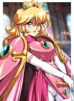 1girl absurdres armor blonde_hair blue_eyes breasts crown earrings elbow_gloves gloves highres holding holding_sword holding_weapon jewelry knight long_hair mario_(series) nintendo plate_armor princess_peach shoulder_armor sirknightbot smile solo sphere_earrings sword urushihara_satoshi_(style) weapon white_gloves