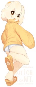 ass borrowed_character bright_pupils brown_eyes commentary crocs egg_(food) egg_(lemyawn) egg_yolk english_commentary food highres looking_at_viewer looking_back monster_girl open_mouth orange_sweater original shoe_dangle short_hair shorts slime_girl sweater teeth turtleneck turtleneck_sweater upper_teeth_only white_pupils white_shorts yoako