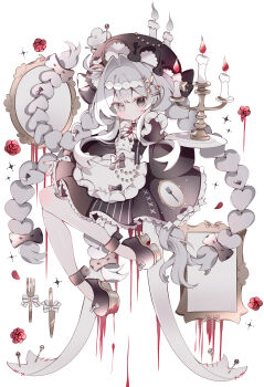 1girl absurdres apron black_dress black_eyes black_hat black_shoes blush bow bowtie braid candle candlestand closed_mouth commentary_request dot_nose double-parted_bangs dress fork frilled_apron frilled_dress frills full_body grey_hair hair_between_eyes hair_intakes hat heterochromia highres knife koronothu long_hair long_sleeves looking_at_viewer mob_cap original shoes simple_background solo striped_bow twin_braids white_apron white_background white_bow white_bowtie white_eyes
