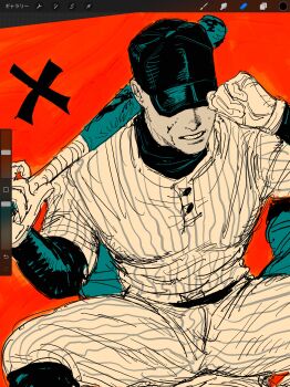 Rule 34 | 1boy, absurdres, art program in frame, baseball bat, baseball cap, belt, blood, blood on face, bloody weapon, covered eyes, gloves, hat, highres, holding, holding baseball bat, holding weapon, long sleeves, male focus, myojo 0120, off (game), pants, pinstripe pattern, red background, shirt, sketch, solo, the batter (off), unfinished, weapon