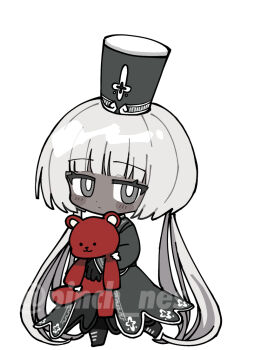 1girl black_boots blush boots charon_(project_moon) closed_mouth colored_skin dress explosion full_body grey_dress grey_hat grey_skin hat kkomi_(project_moon) limbus_company long_hair looking_at_viewer low_twintails pinch_(nesume) project_moon shako_cap simple_background solo stuffed_animal stuffed_toy teddy_bear twintails very_long_hair white_background white_hair