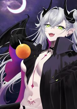 absurdres black_thighhighs breasts candy chest_tattoo commentary_request crescent_moon demon_horns earrings fangs fate/grand_order fate_(series) fingernails food green_eyes highres holding holding_candy holding_food holding_lollipop horns jewelry lilith_(fate) lilith_(second_ascension)_(fate) lollipop long_fingernails long_hair medium_breasts moon navel neck_tattoo pink_hair pubic_tattoo single_earring snake tattoo thighhighs twintails white_hair yo2ka4