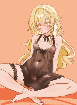 1girl black_dress blonde_hair blush bow breasts cameltoe closed_mouth covered_erect_nipples crossed_legs dress hair_bow highres kirisame_marisa long_hair looking_at_viewer orange_background see-through_clothes see-through_dress simple_background small_breasts soara_shimomo solo thigh_strap touhou yellow_eyes