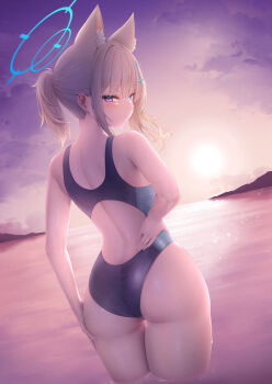 Rule 34 | 1girl, absurdres, animal ear fluff, animal ears, ass, black one-piece swimsuit, blue archive, blue eyes, commentary request, competition swimsuit, cross hair ornament, extra ears, from behind, gradient sky, grey hair, hair ornament, halo, highres, john zerowb, looking at viewer, looking back, low ponytail, medium hair, mismatched pupils, multicolored swimsuit, official alternate costume, one-piece swimsuit, ponytail, racerback, shiroko (blue archive), shiroko (swimsuit) (blue archive), sky, solo, sun, sunset, swimsuit, wading, water, wolf ears