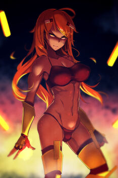 1girl abs at2. blaze_(minecraft) blonde_hair bra breasts cleavage closed_mouth dark-skinned_female dark_skin highres large_breasts looking_at_viewer minecraft mob_talker narrowed_eyes panties personification red_bra red_panties solo toned underwear yellow_eyes