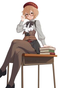 1girl artist_name beret black_bow black_shoes black_skirt book bow brown_eyes brown_hair chevron_(symbol) clio_aite corset desk glasses grey_shirt hat highres loafers on_desk pantyhose patterned_legwear phase_connect pleated_skirt red_hat round_eyewear scar scar_across_eye scar_on_face shirt shoes short_hair sitting skirt teacher virtual_youtuber white_background wriskelis