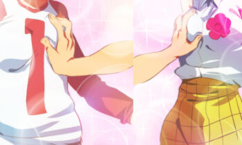 2girls animification boutonniere breasts cowboy_shot diffraction_spikes flower grabbing_another's_breast groping head_out_of_frame jcm2 loli luan_loud lynn_loud multiple_girls red_sleeves shirt skirt sleeveless sleeveless_shirt small_breasts sparkle split_screen standing the_loud_house white_shirt yellow_skirt yuri