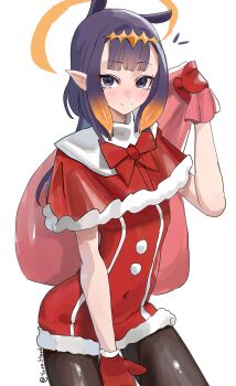 1girl absurdres bow capelet christmas closed_mouth commentary diamond_hairband dress english_commentary fur-trimmed_capelet fur_trim gloves gradient_hair halo halo_behind_head highres holding holding_sack hololive hololive_english leggings mole mole_under_eye multicolored_hair ninomae_ina'nis pointy_ears purple_eyes purple_hair red_capelet red_dress red_gloves sack santa_costume santa_dress smile solo tentacle_hair twitter_username virtual_youtuber white_background younhand