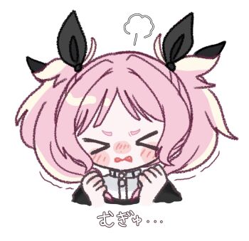 Rule 34 | > <, 1girl, aoi nadeshiko, black ribbon, blush, closed eyes, cropped torso, facing viewer, fang, gakuen idolmaster, gokugetsu academy school uniform, hair ribbon, hands up, highres, holding, holding own hair, idolmaster, nose blush, open mouth, pink hair, portrait, puff of air, ribbon, rurugreen, school uniform, short eyebrows, short hair, simple background, solo, translation request, twintails, wavy mouth, white background