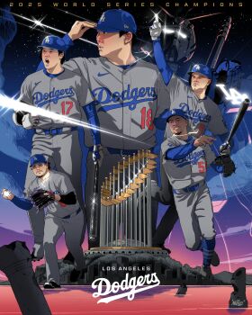 5boys absurdres ball baseball_(object) baseball_bat baseball_cap baseball_glove baseball_uniform enrique_hernandez facial_hair flashing_light freddie_freeman glasses goatee gundam hat highres holding holding_ball holding_baseball_bat island jewelry los_angeles_dodgers mcflyy mecha mookie_betts multiple_boys necklace official_art ohtani_shohei original real_life robot ruins signature sportswear third-party_source trophy yamamoto_yoshinobu