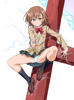 1girl :d absurdres ahoge aiming aiming_at_viewer attack black_socks blazer blue_panties blush bob_cut bow bowtie breasts brown_eyes brown_hair brown_jacket brown_shoes coin commentary crotch_seam dress_shirt electricity electrokinesis emblem flower green_skirt grin hair_flower hair_ornament hairclip highres holding holding_coin incoming_attack jacket kuuchuu_yousai loafers looking_at_viewer magnetism medium_hair messy_hair miniskirt misaka_mikoto open_mouth outstretched_arm panties pantyshot plaid_clothes plaid_skirt pleated_skirt psychic railgun_(misaka_mikoto) red_bow red_bowtie school_emblem school_uniform science_fiction shirt shoes simple_background skirt small_breasts smile socks solo spread_legs static_cling steel_beam striped_clothes striped_panties toaru_kagaku_no_railgun toaru_majutsu_no_index tokiwadai_school_uniform underwear white_background white_flower white_panties white_shirt winter_uniform