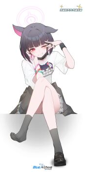 Rule 34 | 1girl, ;d, absurdres, animal ears, black choker, black hair, black mask, black shoes, blue archive, cat ears, choker, colored inner animal ears, colored inner hair, commentary request, crossed legs, extra ears, fathertrex, full body, grin, hair ornament, hairclip, halo, hand on own cheek, hand on own face, highres, kazusa (band) (blue archive), kazusa (blue archive), korean commentary, looking at viewer, mask, mask pull, mouth mask, multicolored hair, official alternate costume, one eye closed, open mouth, pink hair, pink halo, red eyes, shirt, shoes, short hair, short sleeves, single shoe, sitting, skirt, smile, solo, two-tone hair, v, white shirt, wristband