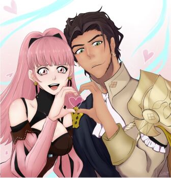 1boy 1girl :d breasts brown_hair claude_von_riegan claude_von_riegan_(timeskip) cleavage fire_emblem fire_emblem:_three_houses green_eyes heart heart_hands heart_hands_duo hilda_valentine_goneril hilda_valentine_goneril_(timeskip) jennm_art large_breasts long_hair nintendo open_mouth pink_eyes pink_hair ponytail smile