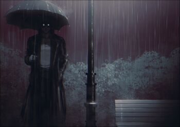 1boy all_for_one_(boku_no_hero_academia) bench blackberreh-art boku_no_hero_academia coat glowing glowing_eyes highres holding holding_umbrella jewelry male_focus necklace outdoors rain shirt standing trench_coat umbrella