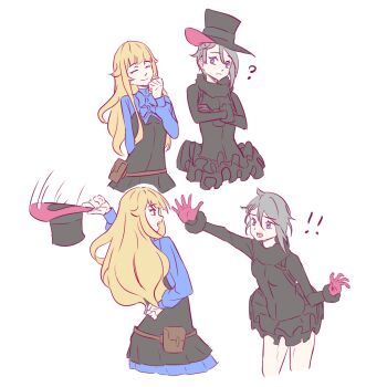 Rule 34 | !, !!, 1girl, 2girls, ?, ange (princess principal), anjuro zeeku, arm behind back, black dress, black gloves, blonde hair, blue eyes, closed eyes, crossed arms, dress, gloves, grey hair, highres, long hair, multiple girls, pouch, princess (princess principal), princess principal, red gloves, removing hat, solo