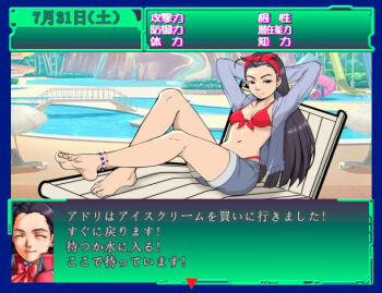 1girl adryingorin ahoge anklet arms_behind_head barefoot bikini bikini_under_clothes black_eyes black_hair breasts capcom feet forehead hair_ornament hair_ribbon hood hoodie iinchou_(justice_gakuen) jacket jewelry justice_gakuen large_breasts long_hair navel poolside ribbon shiny_skin shorts smile soles swimsuit thighs toes