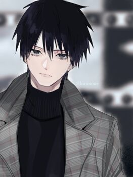 1boy balcony black_eyes black_sweater blurry blurry_background coat commentary_request frown grey_coat highres male_focus original plaid_clothes plaid_coat solo soyaka sweater turtleneck turtleneck_sweater twitter_username