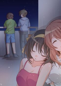 Rule 34 | 2boys, 2girls, asahina mikuru, blue shorts, breasts, brown hair, camisole, casual, cleavage, closed eyes, collarbone, commentary request, frilled shirt, frills, green shirt, grey pants, hair ribbon, hairband, highres, koizumi itsuki, kyon, long hair, medium breasts, medium hair, multiple boys, multiple girls, night, night sky, outdoors, pants, red camisole, ribbon, shirt, short hair, shorts, sky, sleeping, sleeping upright, spaghetti strap, standing, suzumiya haruhi, suzumiya haruhi no yuuutsu, taiki (6240taiki), white shirt, yellow hairband, yellow ribbon