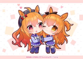 1girl :d ;3 abstract_background ahoge animal_ears blush bow bowtie brown_eyes brown_ribbon brown_shoes chibi chibi_only commentary crossover crown_hair_ornament ear_bow ear_ribbon english_text full_body heart horse_ears horse_girl horse_tail horseshoe_ornament letterboxed long_hair long_sleeves mayano_top_gun_(umamusume) multiple_girls one_eye_closed open_mouth orange_eyes orange_hair orange_tail pleated_skirt purple_sailor_collar purple_serafuku purple_shirt purple_skirt purple_thighhighs red_bow ribbon royal_family_(the_royal_family) rubbing_hands_together sailor_collar sailor_shirt school_uniform serafuku shirt shoes skirt smile tail the_royal_family thighhighs tracen_school_uniform two_side_up umamusume white_bow white_bowtie zest_(lossol)