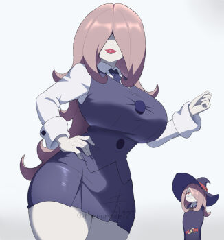 2girls absurdres blue_necktie blue_skirt breasts bright_pupils buttons collared_shirt commentary dress_shirt english_commentary english_text fingernails hair_over_eyes hair_over_one_eye hand_on_own_hip hat highres huge_breasts little_witch_academia long_fingernails long_hair long_sleeves looking_at_another luna_nova_school_uniform mature_female mother_and_daughter mrs._manbavaran multiple_girls necktie parted_lips pink_hair red_eyes red_lips school_uniform shirt skirt sucy_manbavaran thenomade123 thick_thighs thighs twitter_username very_long_hair white_pupils white_shirt witch_hat