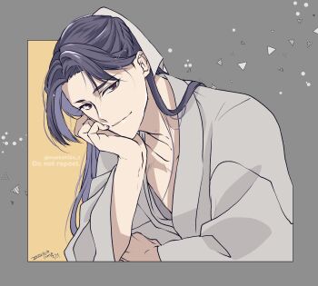 Rule 34 | 1boy, border, chinese clothes, commentary request, dated, grey border, hair ribbon, head on hand, highres, jinshi (kusuriya no hitorigoto), kusuriya no hitorigoto, long hair, looking at viewer, male focus, parted bangs, ponytail, purple hair, red eyes, ribbon, robe, smile, solo, takehide, twitter username, white ribbon, white robe, yellow background
